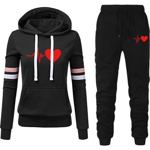Tracksuit Women Winter 2 Piece Set Print Hoodies+Pants Sportwear Womens Sports Suit Hooded Sweatshirt Set Female Jogging