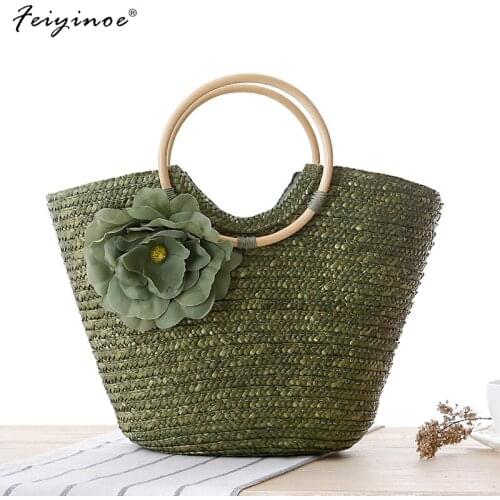 Women Summer Handbag Makes Up Hand Woven Bag Flower Hand Carry Straw Bag Beach Bag