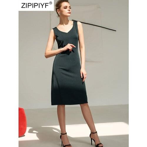 2021 Summer Runway Fashion Double V Neck Tank Sleeveless Sexy Mid Waist Satin A-Line Knee Length Little Black Dresses Z021