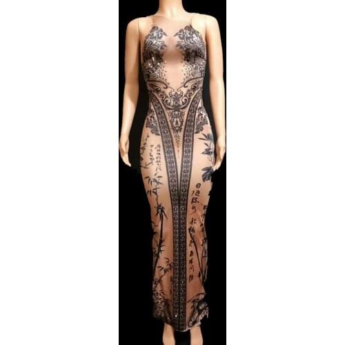 Chinese Bamboo Print Long Dress Women Bright Sequined One Piece Fake Transparent Stage Costume Singer Nightclub Prom Party Dress