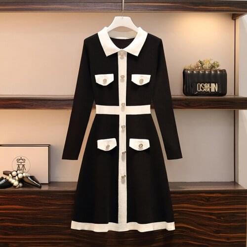 4XL plus size women autumn winter thick kintting sweater dresses vestido 2021 long sleeve button Patchwork vintage dress