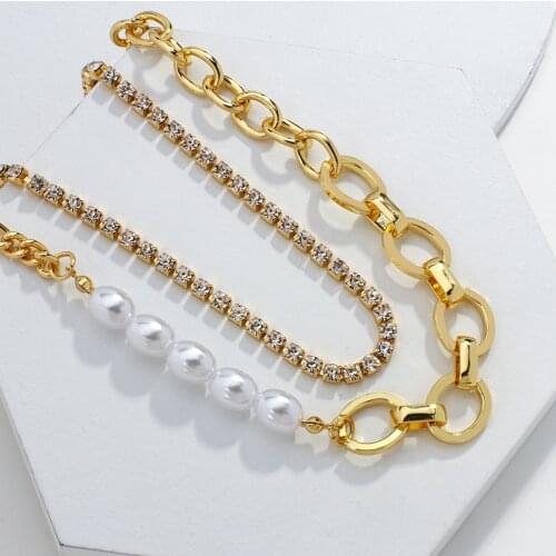 Lifefontier Vintage Double Layer Crystal Chain Pearl Necklace for Women Gold Silver Color Metal Link Chain Necklace Jewelry Crys