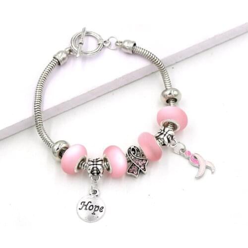 1PC Breast Cancer Bracelet T-bar Toggle Clasp Hope Pink Ribbon Charms Bangle&Bracelet For Breast Cancer Awareness Pulsera