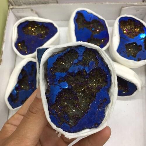 1Pcs Drop Shipping Blue Electroplated Crystal Druzy Gemstone Geode Meditation Reiki Healing Crystal Home Decoration As Gift