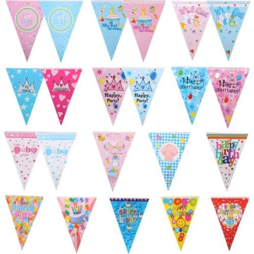 1pc Happy Birthday Banners Pulling Flag Welcome Baby Crown Balloons Hanging Flags Its A Boy Girl Birthday Party Decor