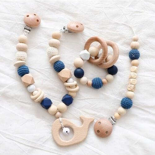 3PC/Set Wooden Animal Baby Toys Silicone Teether Dummy Clip Chain Pacifier Soother Holder Handmade Bracelet Stroller Accessories