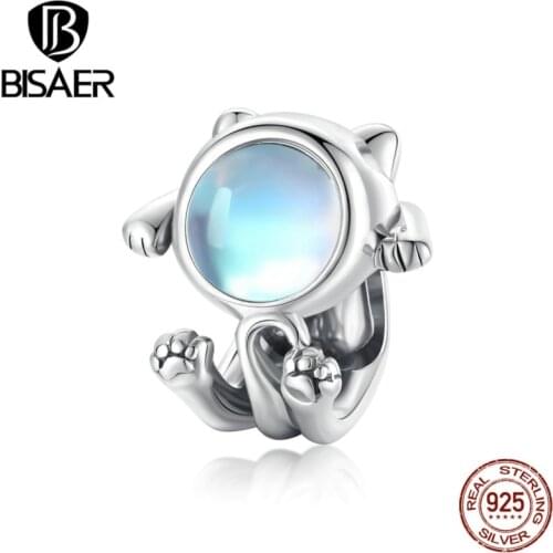 BISAER Space Cat Beads 925 Sterling Silver Zircon Cute Animal Charms Pendant Fit DIY Bracelet Necklace Jewelry ECC1697