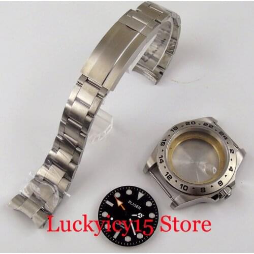 BLIGER 43mm Automatic Watch Case Oyster Steel Strap Watch Dial Hand for MINGZHU 3804 GMT Movement