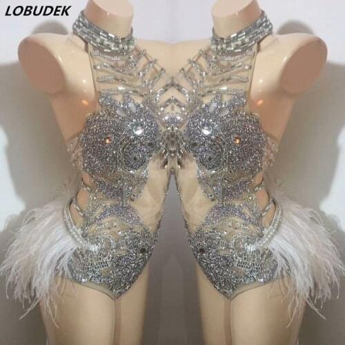 Silver Crystals Mesh Bodysuit Female Singer Sexy Backless Feather Stones Bodysuits Performance Costume Bar DJ Party Stage Wear