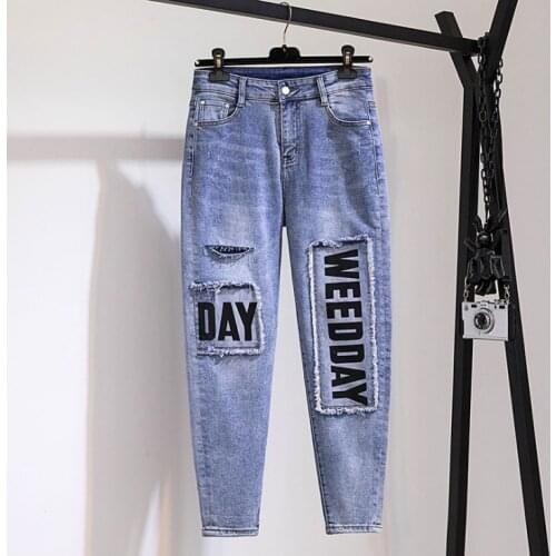 Large size womens new print hole jeans trousers loose casual harem pants trousers letters washed tassel casual pants