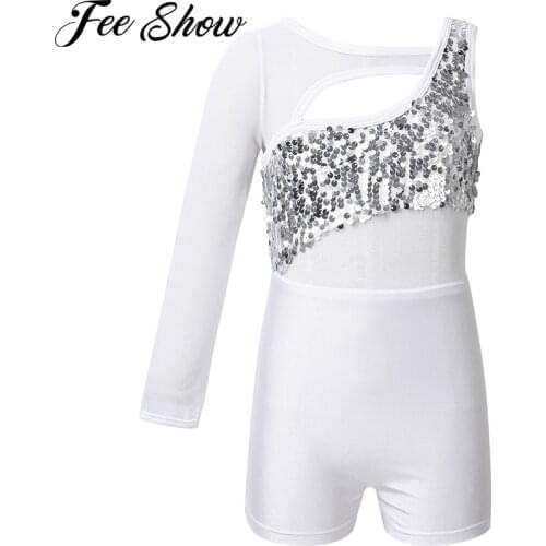 Kids Girls One Mesh Sleeved Shiny Sequins Cutout Ballet Dance Gymnastics Leotard Jumpsuit Unitard