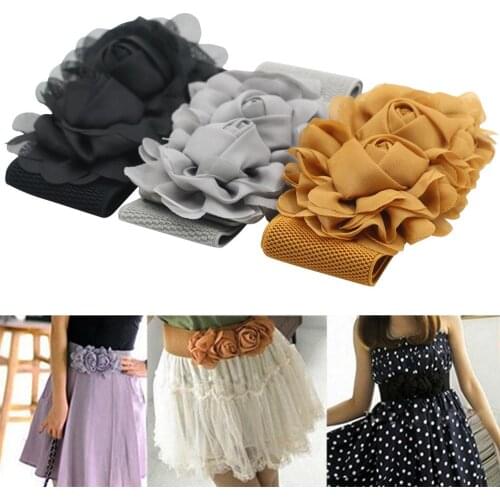 Womens Fashion Double Rose Flowers Elastic Stretch Waist Belt Wide Stretch Waistband