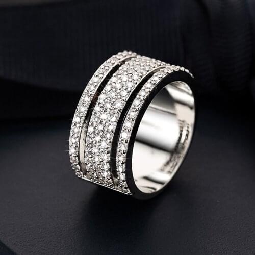Elegant Silver Color Rhinestone Full Zircon Women Wedding Rings AAAA White Wide Luxury Engagement Finger Rings Jewelry Gifts