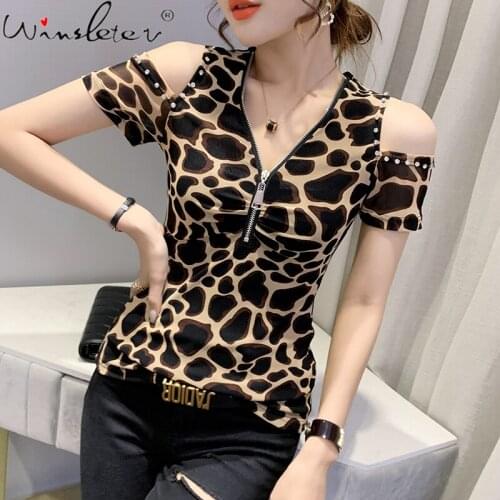 Summer Korean Style T-Shirt Sexy Off Shoulder Diamonds V-Neck Zipper Women Tops Bottoming Shirt Short Sleeve Tees 2021 T14931A