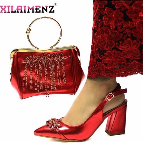 Mature Style Red Color Italian Shoes and Bag Set with Crystal African Women Shoes Matching Bag for Garden Party