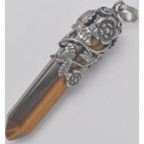 Tigereye Stone GEM Pillar Pendant Flower Plants Jewelry For Woman Gift S237
