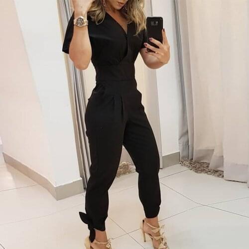 Summer Short Sleeve Sexy Womens Jumpsuits Lace Up V-neck Slim Waist Pant Solid Female Jumpsuit 2021 Spring Elegant Lady Rompers