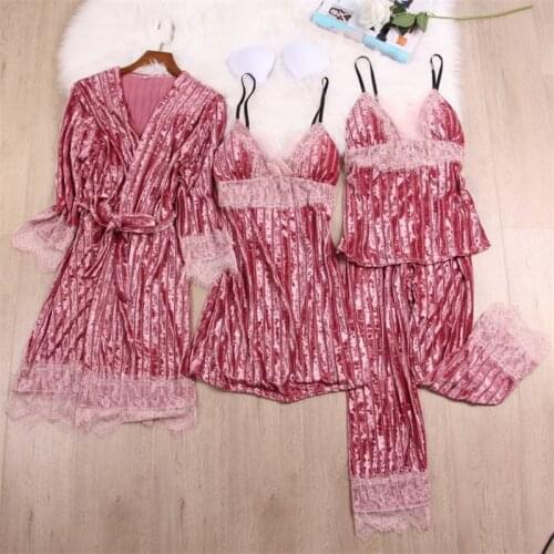 Winter Striped Velvet Pajamas Set Women Soft Keep Warm Sexy Sleepwear PJs 4PCs Full Sleeve Velour Nightgown Lingerie Suit