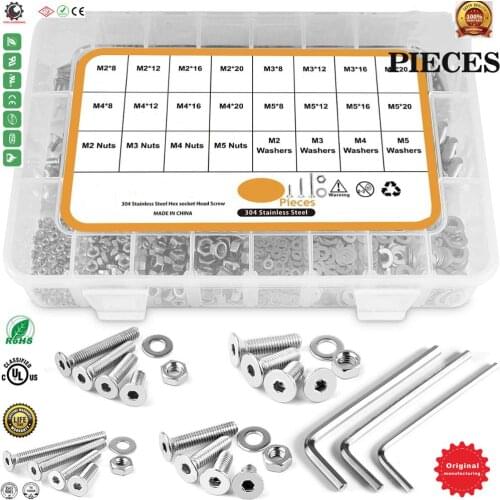 M2 M3 M4 M5 Flat Head Socket Cap Screws 304 Stainless Steel Cap Bolts Nuts Washers Assortment Kit,Allen Socket Drive,Washers