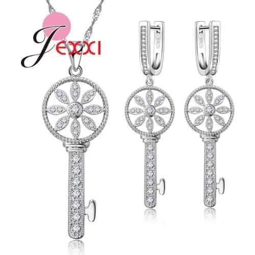 Cute Christmas Gift Pretty 925 Sterling Silver Fashion Elegant Set For Women Classic Key Crystal Necklace Earring Jewelry