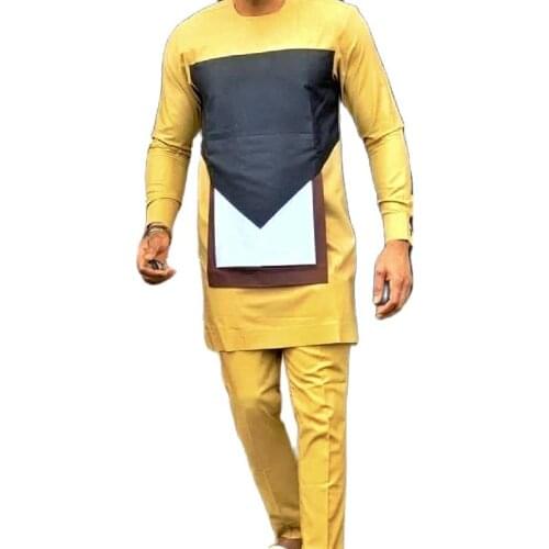 Nigerian Style Patchwork Mens Tops+Yellow Trousers African Fashion Male Pant Suits Custom Wedding Party Outfit