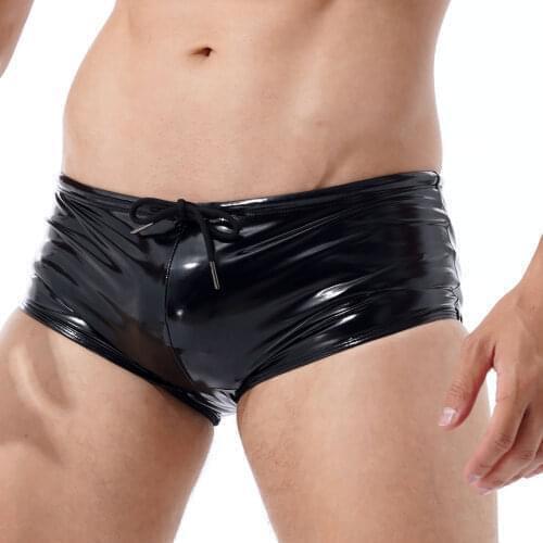 Mens Low Rise Drawstring Sexy Boxer Shorts Wet Look Patent Leather Party Clubwear Lingerie Underwear Swimming Trunks Swimwear