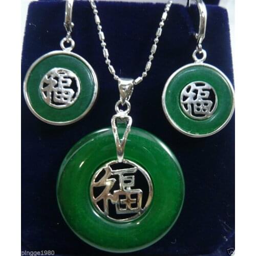 New Style Hot sale**** beautiful silver plate jade FU pendant necklace Earrings set Fashion Wedding Party Jewellery