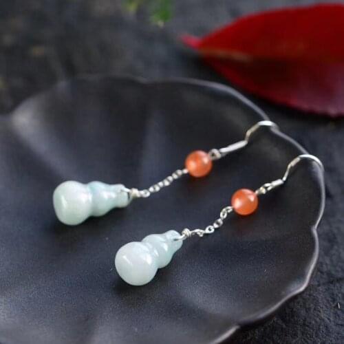 Original 925 Silver Natural Emerald Gourd Beads Earrings Charm Jewellery Fashion Accessories DIY Hand-Carved Woman Amulet Gifts