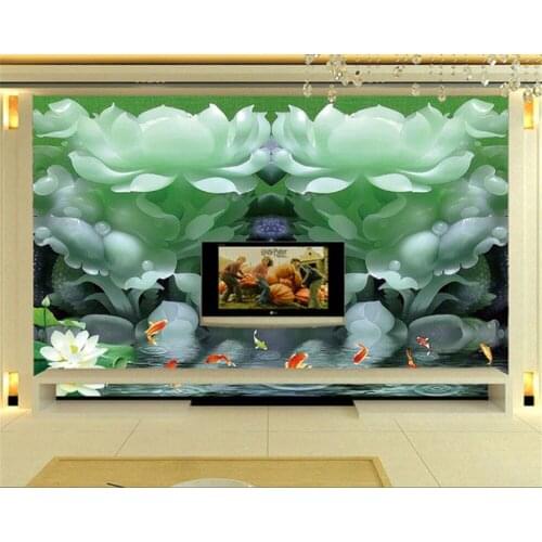 Beibehang Custom Wallpaper Home Decorative Mural Relief Jade Carving Lotus Teenage Fish Tide TV Background walls 3d wallpaper