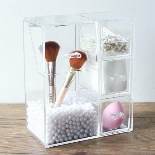Clear Drawers Cotton Swab Storage Box Lipstick Organizer Cotton Pad Storage Case With White Pearl Acrylic Makeup Brush Organizer