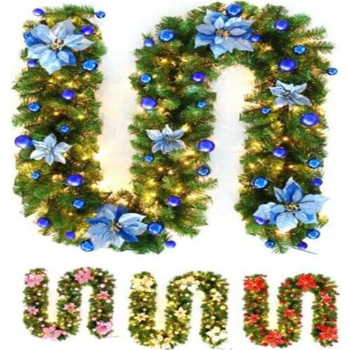 Christmas Garland with Lights 8.9ft Christmas Rattan Artificial Vine Plants with Flowers and Ball Ornaments