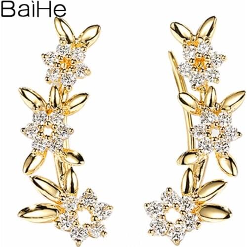BAIHE Solid 14K Yellow Gold 0.42ct H/SI Natural Diamonds Wedding Party Trendy Gift Fine Jewelry flower Stud Earrings for women