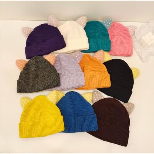 New Candy Color Children Wool Knitted Hats Spring Autumn Girls Dot Printed Cat Ears Hats Warm Boys Woolen Caps For 1-3 Years Old