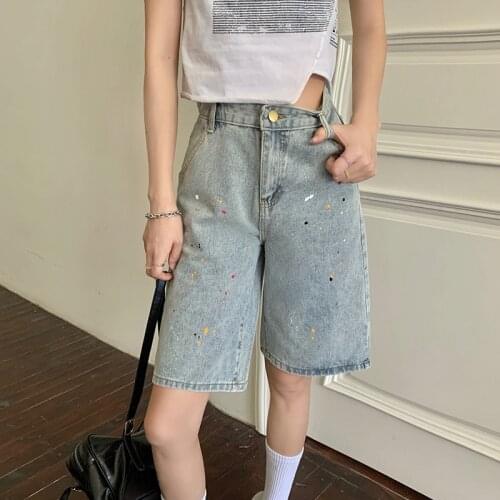 Shnsophi Summer Women High Waist Dot Straight Bermuda Denim Shorts Female Retro Blue Loose Ladies Streetwear Jeans Shorts New