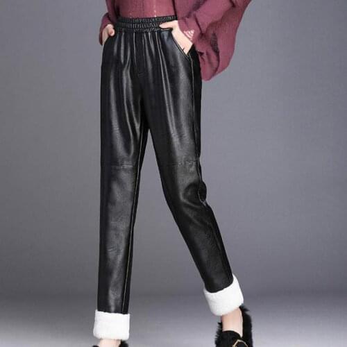 Autumn Winter Women Ladies Fleece Thick Warm Black Pu Leather Harem Pants , Fall Woman Female Elastic High Waisted 4xl Trousers