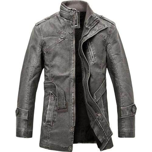 YuWaiJiaRen 2017 PU Leather Jacket Men Long Wool Leather Standing Collar Jackets Coat Men Leather Jackets With Trench Parka