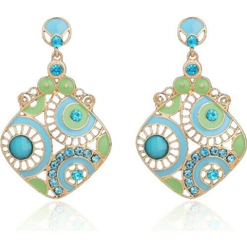 ORNAPEADIA Bohemia Style New Geometric Square Oil Drop Earrings Hand-painted Hollow Exaggerated Crystal Earrings for Women