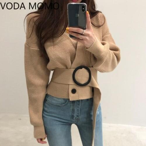 2020 Cardigan Autumn Long Flare Sleeve Short Sweater Women Ribbed Knitted Cotton Tops sashes Ladies Soft Outwear Female