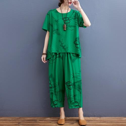 2021 New Arrival Plaid Print Fashion Women Clothes Set Cotton Linen Button Loose Summer Set Loose Tops Pants Casual Set Suits