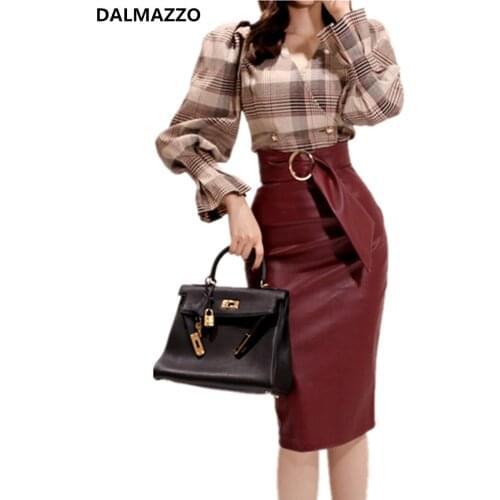 Womens Suit 2019 Autumn Korean Fashion Profession Womans V Neck Plaid Runway Jacket Coat + Half Leather Skirt 2 Pieces Sets