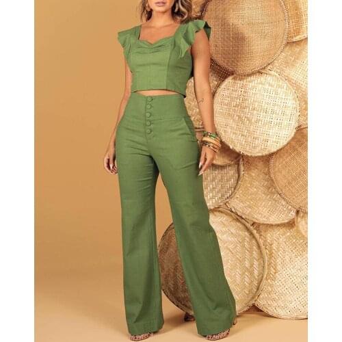 Autumn Women Eyelet Flutter Sleeve Zip Back Top & Buttoned High Waist Pants Set Women Summer Outfits 2021