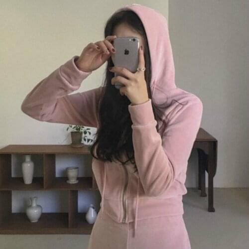 Fashion Simple Pink Cardigan Sports Sweatershirt Two-piece Women Velvet Hooded Zipper Top+high Waist Wide Leg Pants Suit