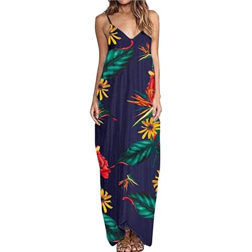 40# Bohemian Women Dress Plus Size Casual Floral Print Dress V Neck Long Holiday Sleeveless Beach Dress Vestidos Longos De Verao