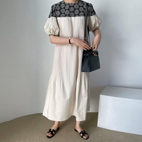 Pullover Casual Dress For Women O Neck Puff Short Sleeve Patchwork Hit Color Mid Dresses Female New Clothing 2021 Summer X211
