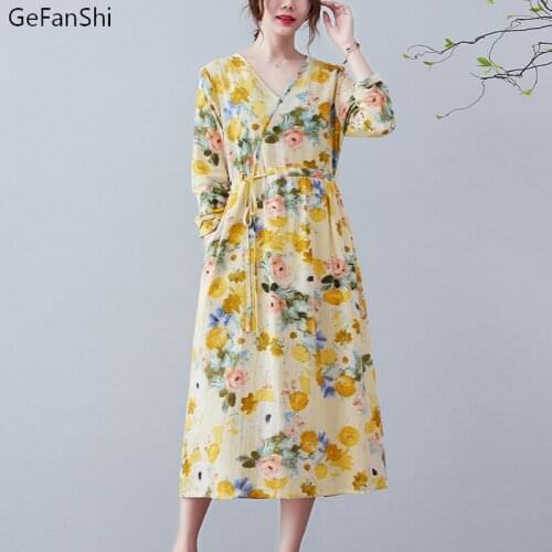 L Autumn Winter Women Dresses Casual Long Sleeve Loose Print Cotton Linen V-Neck Dress Fashion Elegant Dress Clothing Robe