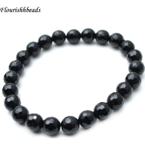 8mm Natural Faceted Black Onyx Agate Stone Round Beads Elastic Line Beaded Bracelets Woman Jewelry