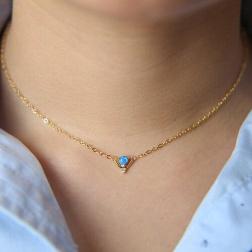 Promotion Fashion Women Jewelry Gold Color Blue Fire Opal Beads Stone Minimal Delicate Girl Necklace