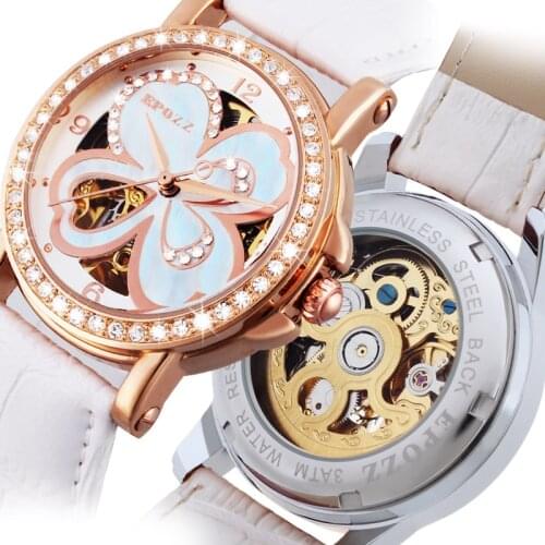 EPOZZ Four-leaf clover Women Automatic Mechanical watches Ladies clock Red Leather Strap Rhinestone Skeleton relogio feminino