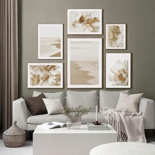 Golden Leaf Plant Beach Sea Sunset Canvas Poster Luxury Style Print Flower Nature Landscape Wall Art Painting Artwork Picture