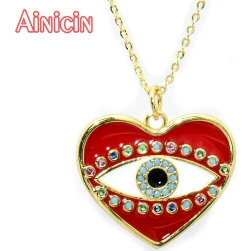 Red Enamel Colorful Zircon Stone Setting Evil Eyes Heart Shape Pendant Necklace For Women Gift Jewelry 10pcs/lot